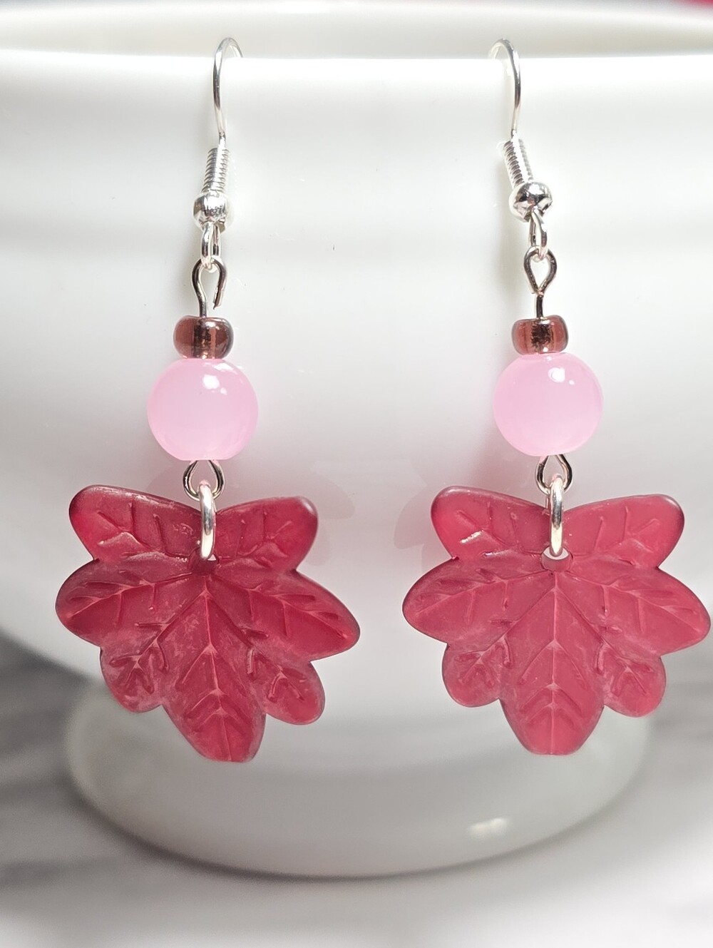 Red and Pink Burgundy Maple Leaf Dangle Earrings - Women Jewelry